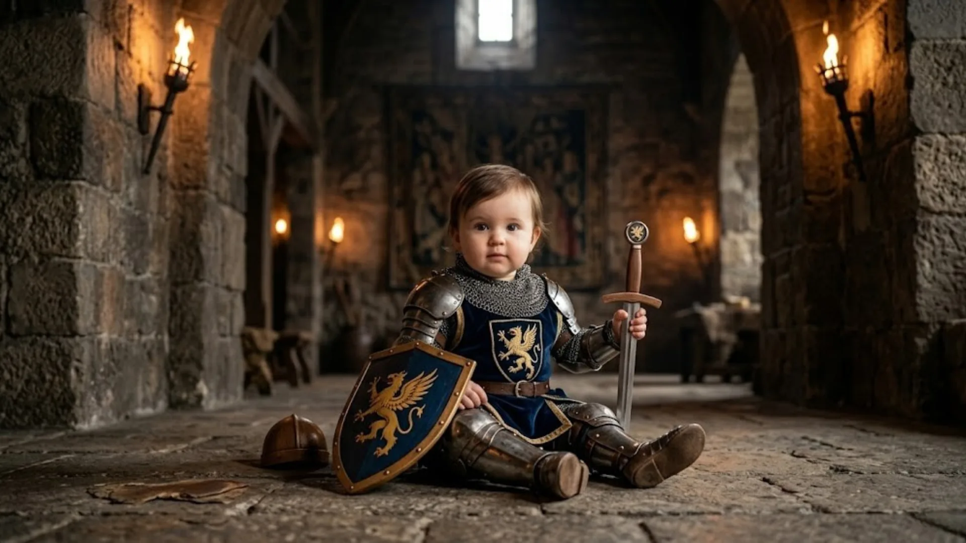 AI-generated baby dressed as a medieval knight with a tiny shield and sword in a castle background with stone walls